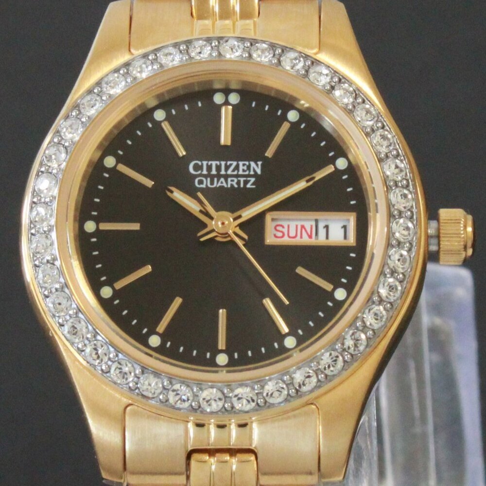 Citizen Ladies Classic Quartz Watch Crystal Bezel Gold Toone Black Dial 26mm - Picture 9 of 13